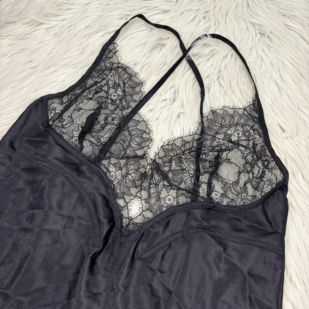 Victoria's Secret Women's M Black Satin‎ Lace Bust Strappy Nighty Gown Coquette
